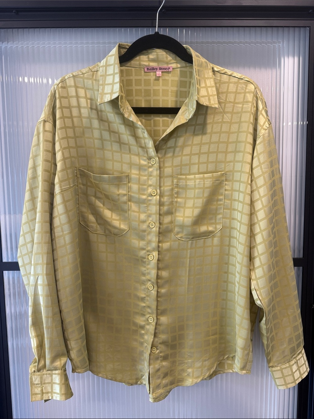 Bailey Rose chartreuse Satin Button-Up Blouse